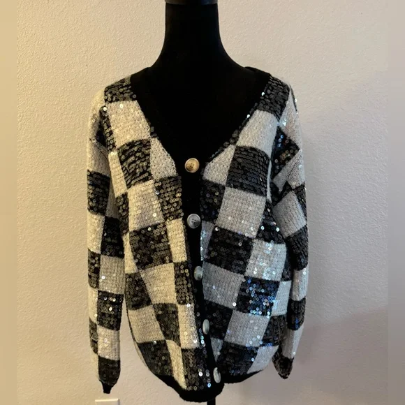 BiBi Black and White Checkered Sequin Cardigan - Picture 10 of 10